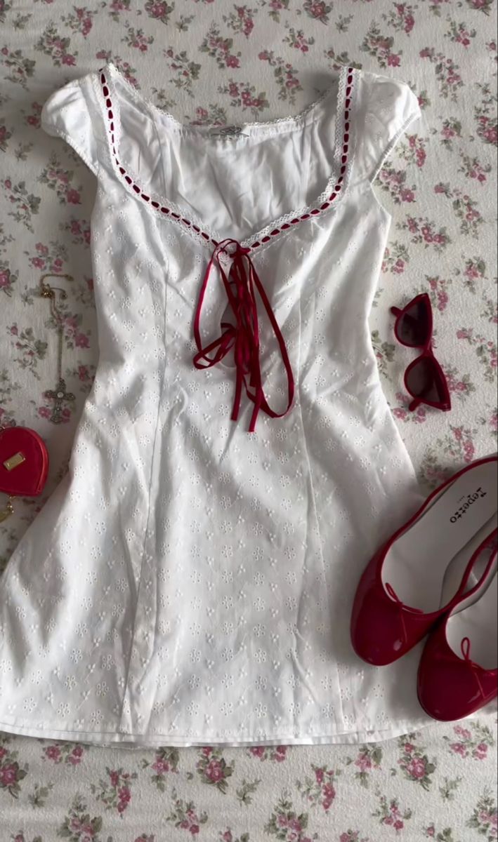 Dress Laid Out On Bed, Clothes Spring 2024, Cottagecore Graduation Dress, Honeymoon Aesthetic Outfit, 2013 Girly Outfits, 50s Coquette Outfit, White Dress Red Shoes, Lizzy Grant Summer Outfits, Vintage Girly Outfits