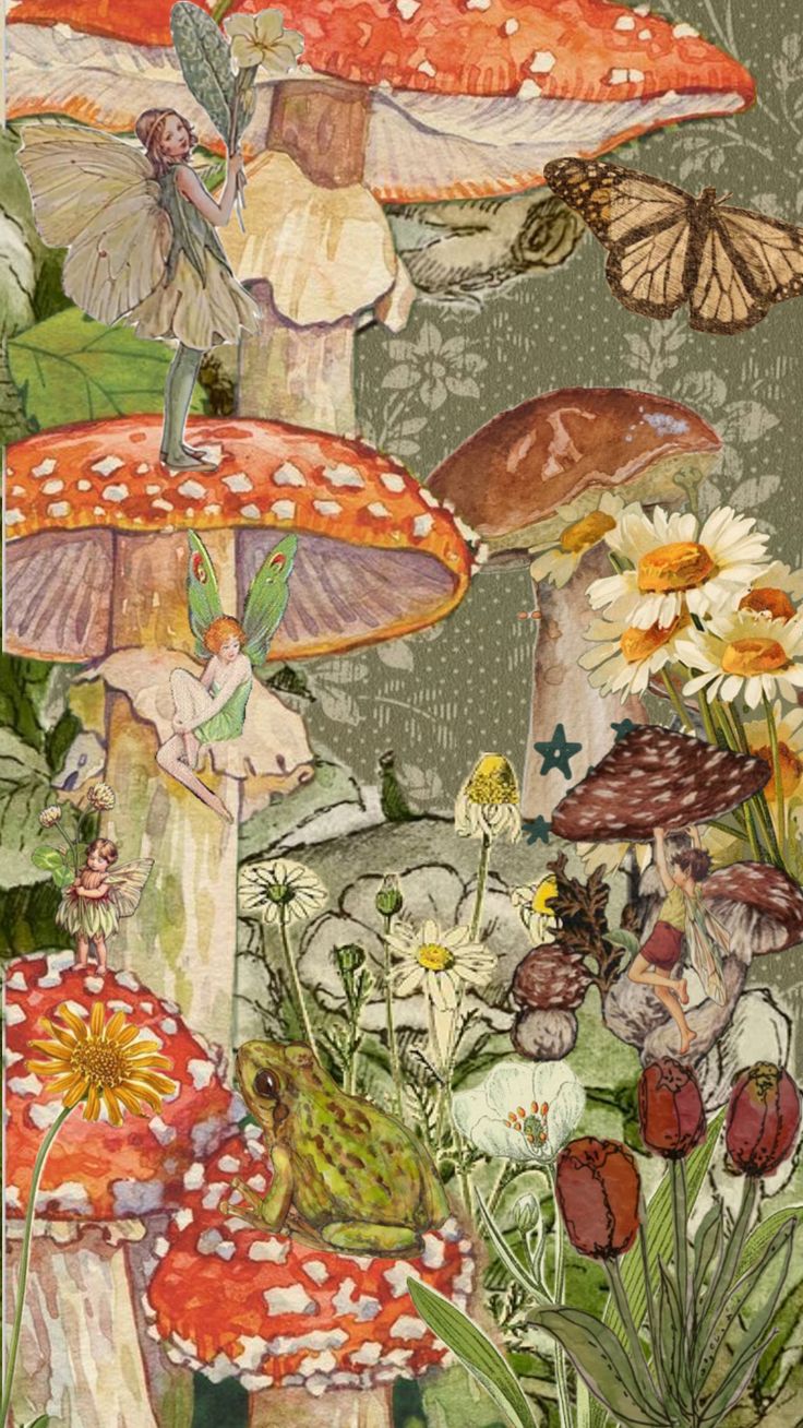 a painting of mushrooms and flowers with butterflies