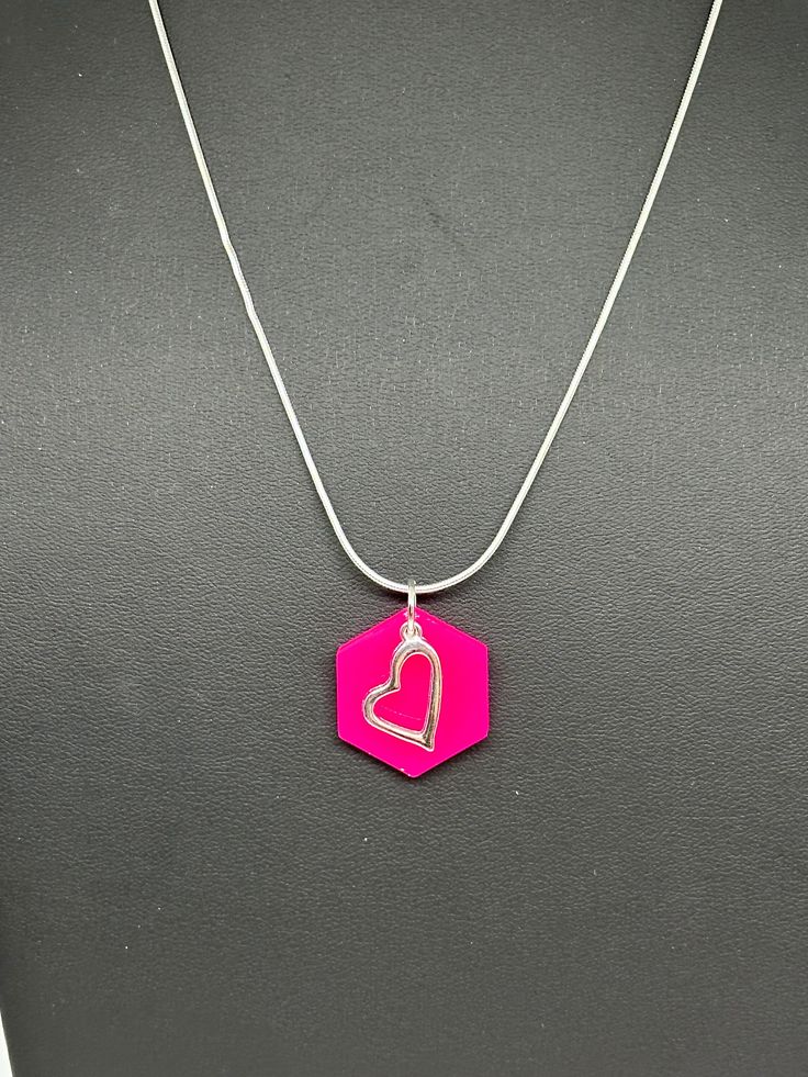 Margot necklace made by AIRJewelryStudio Iridescent / pink necklace / Epoxy / heart necklace / Barbie necklace Pink Heart Charm Round Pendant Jewelry, Pink Round Pendant Jewelry With Heart Charm, Pink Round Pendant With Heart Charm, Valentine's Day Metal Pendant Necklace, Pink Heart-shaped Charm Necklace For Party, Pink Jewelry With Heart Charm, Pink Heart Charm Necklace For Party, Pink Round Jewelry With Heart Charm, Pink Pendant Necklace With Adjustable Chain