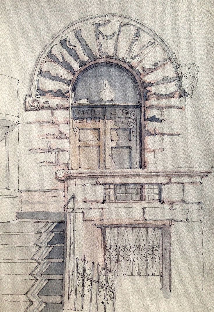 a drawing of an entrance to a building with stairs leading up to the front door