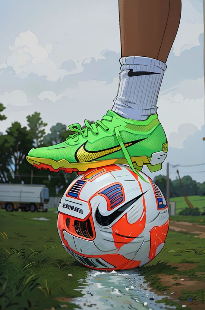 a painting of a person's feet on top of a soccer ball in the grass