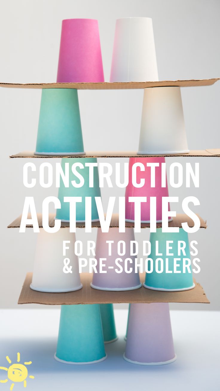 there are many different colored vases on the shelves with text overlay that reads construction activities for toddlers and pre - schoolers