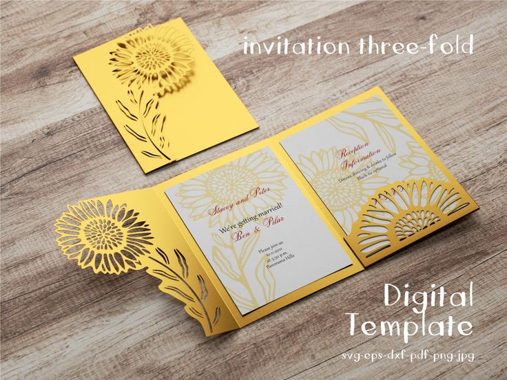 two yellow and white wedding cards on a wooden table with the words, digital template