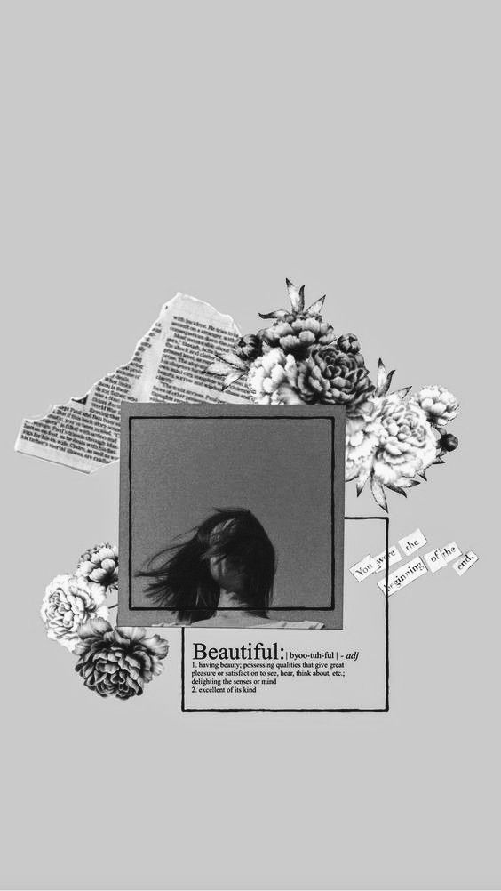 a woman's face surrounded by flowers and newspaper pages with the words beautiful written on it