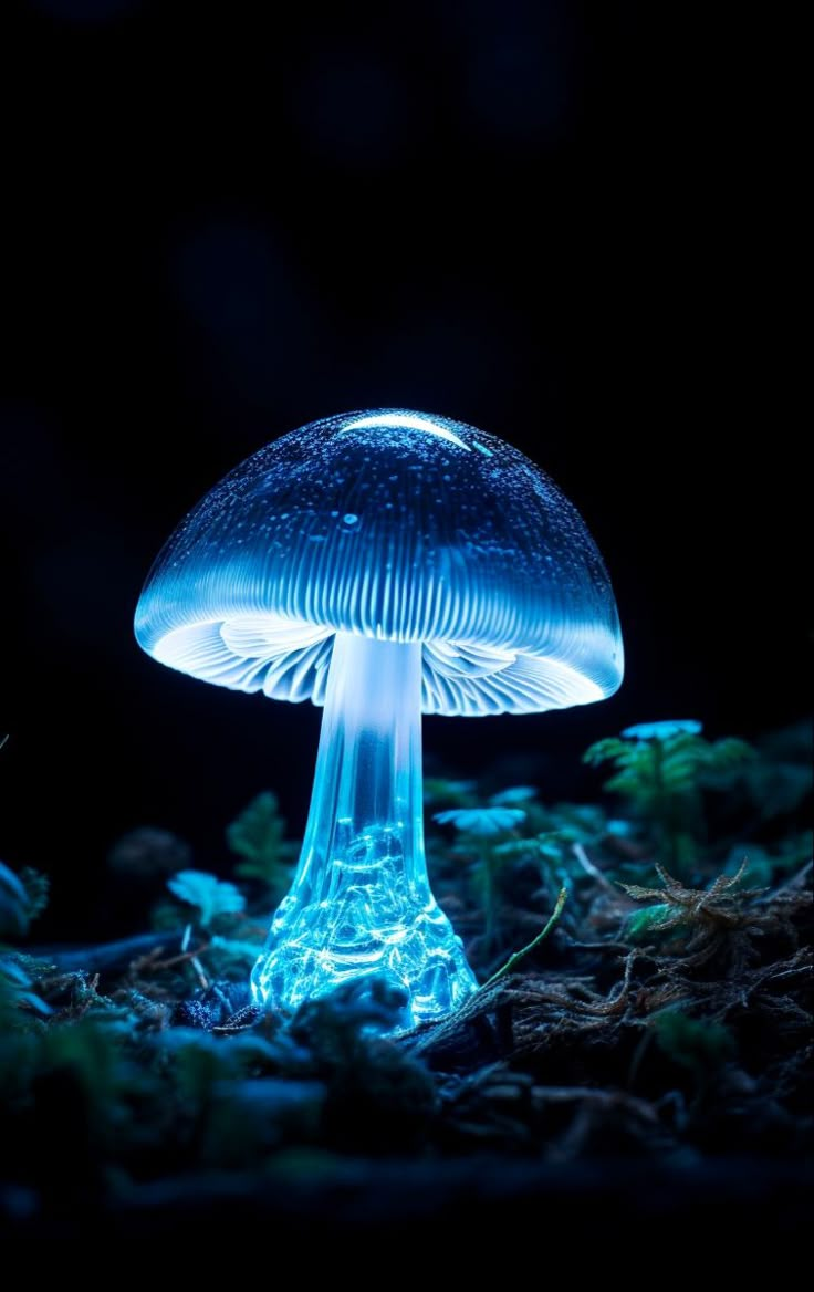 a glowing blue mushroom sitting on top of moss covered ground in the dark with its head turned to the side