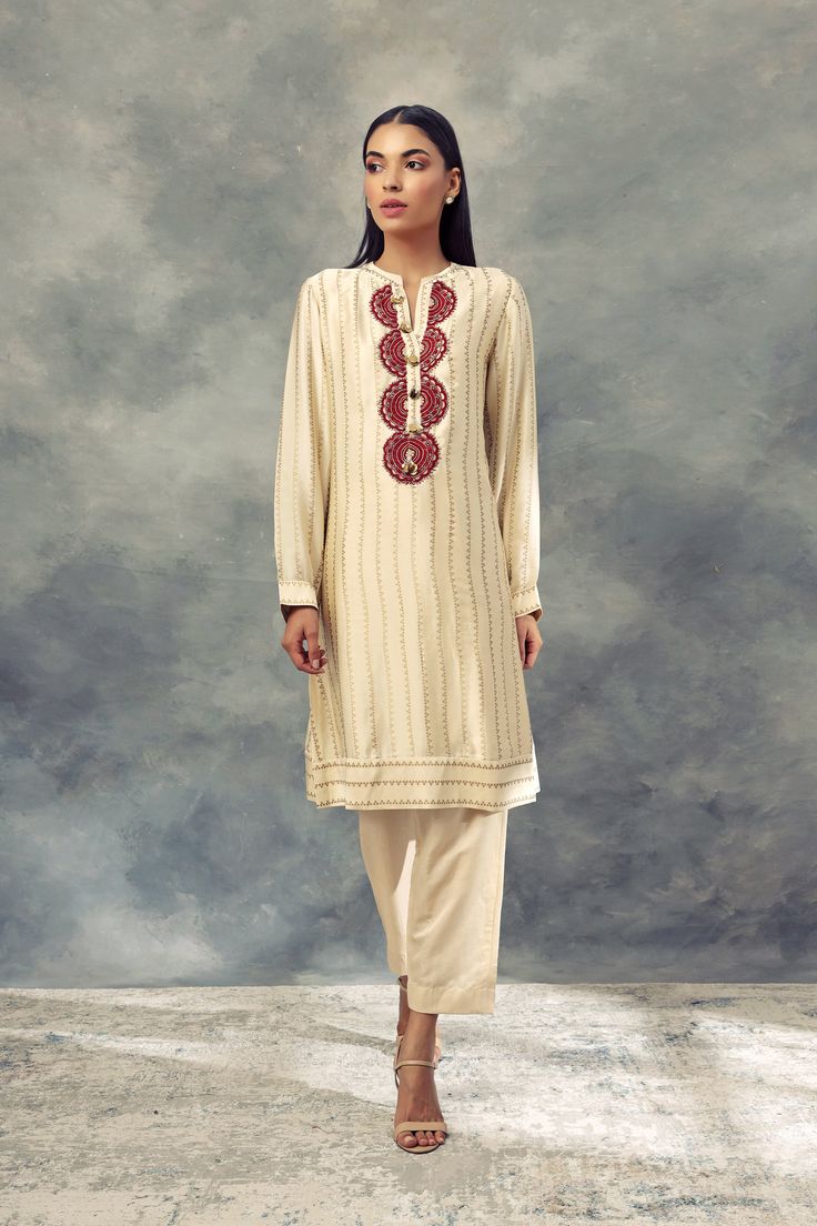 Bhumika Sharma-Ivory Nukta Print Kurta & Pants Set-INDIASPOPUP.COM Bhumika Sharma, Short Kaftan Dress, Kurta Pants, Diwali Outfits, Embroidered Neckline, Indian Fashion Designers, Thread Embroidery, Kurta With Pants, Kaftan Dress