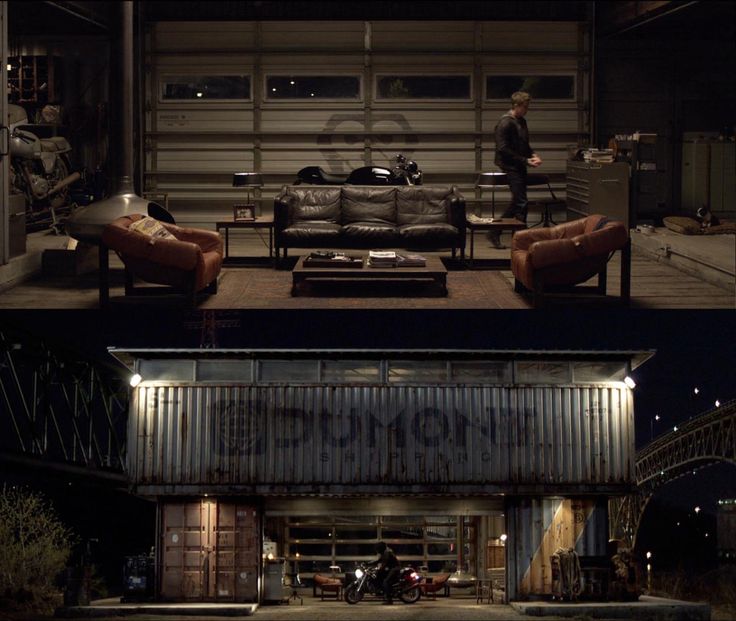 two images show the inside of a garage and outside of a living room in an industrial building