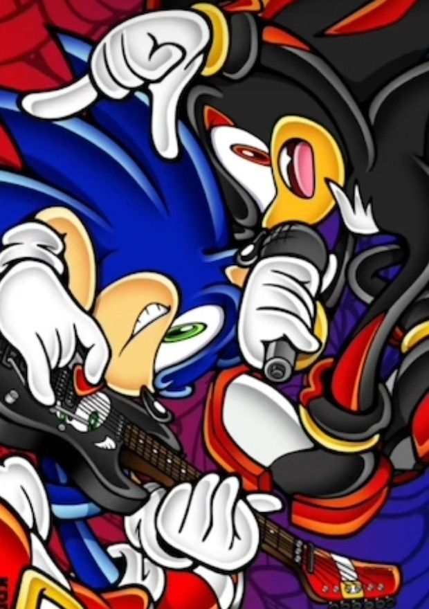 sonic and tails playing guitar together in front of an image of the same cartoon character