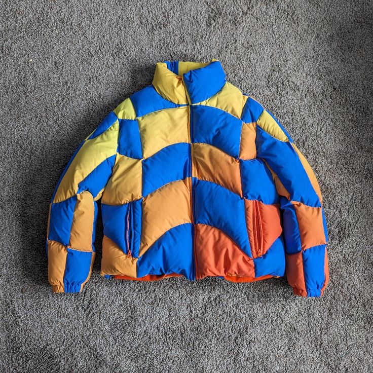 Only Worn 3 Times. Multicolor Fall Puffer Jacket For Outdoors, Winter Orange Patchwork Outerwear, Orange Patchwork Outerwear For Winter, Retro Blue Winter Outerwear, Winter Yellow Patchwork Outerwear, Yellow Patchwork Outerwear For Winter, Winter Yellow Color Block Outerwear, Orange Long Sleeve Color Block Outerwear, Multicolor Puffer Outerwear For Fall