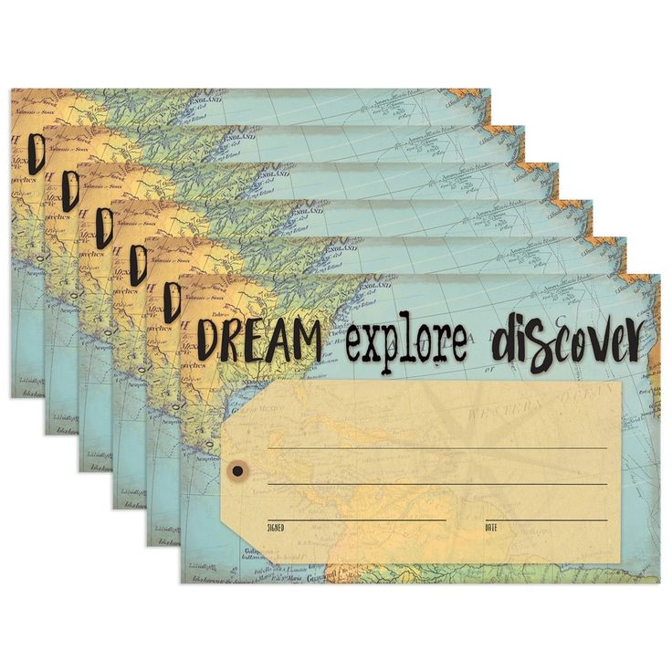 six envelopes with the words dream explore discovery written in black ink on an old world map