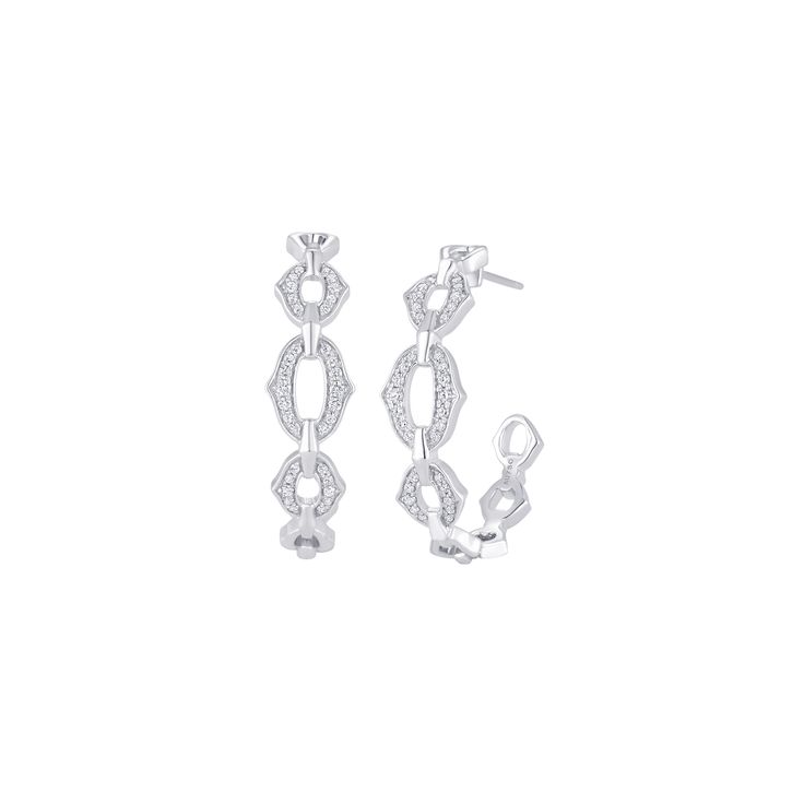 The Lucia 3 Link Hoop Earrings are 18k gold earrings featuring a large hoop of taj-shaped links with 3 links lined with round white diamonds.  Gold 18k: 8.05g  TDW: 0.38ct  ** Please note all SARA WEINSTOCK product is 18k Gold and Diamond Quality is VS-SI G-H Color ** Modern Chain Link Jewelry With Diamond Accents, Elegant Round Chain Earrings, Elegant Hoop Chain Jewelry, Fine Jewelry With Pave Setting Link, Elegant Small Hoop Chain Earrings, Elegant Small Hoop Earrings With Chain Detail, Elegant Chain Hoop Earrings, Elegant Silver Chain Hoop Earrings, Elegant Silver Hoop Earrings With Chain Detail