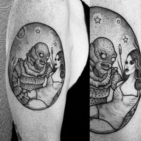 two tattoos on the legs of people, one with an alien and another with a woman