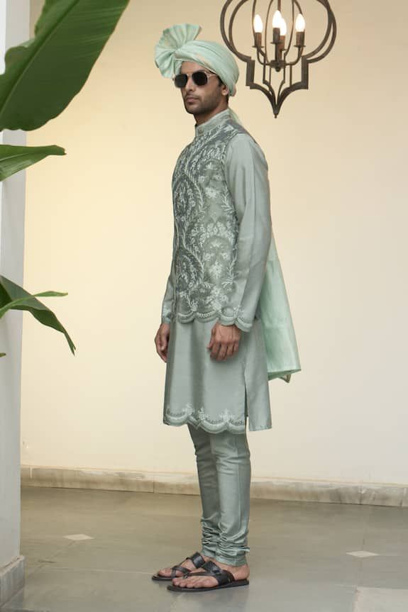 Pistachio bundi with all over floral kashmiri embroidery. Paired with an inner scallop trimmed kurta and churidar. - Aza Fashions Traditional Green Nehru Jacket For Reception, Transitional Pista Green Bandhgala With Dabka Detail, Transitional Pista Green Dabka Bandhgala, Festive Green Nehru Jacket For Reception, Traditional Pista Green Nehru Jacket For Festivals, Pista Green Nehru Jacket With Dabka For Festivals, Traditional Fitted Pista Green Nehru Jacket, Pista Green Nehru Jacket With Dabka For Diwali, Designer Green Nehru Jacket With Resham Embroidery