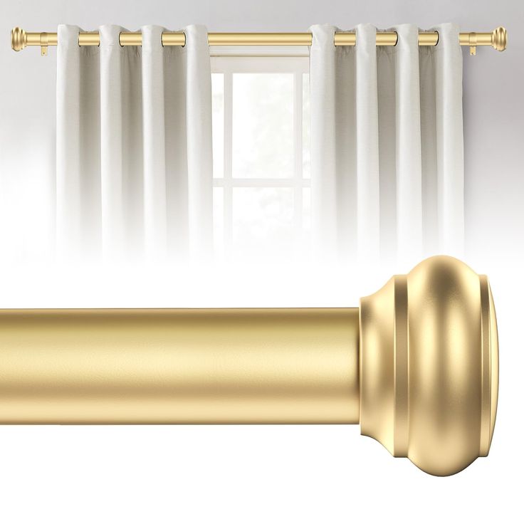 a gold curtain rod with white curtains in the background