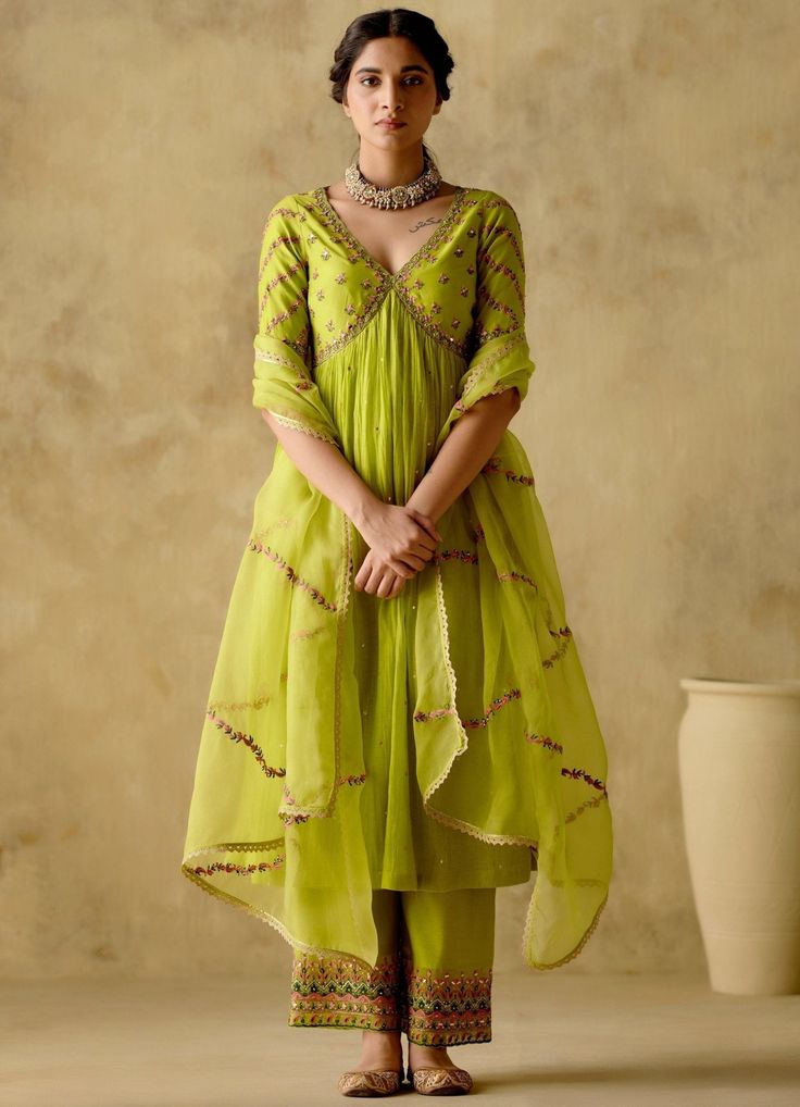 Neon Green Silk Anarkali Palazzo Set Varun Chhabra - Fabilicious Fashion Floral Anarkali, Green Anarkali, Maharani Designer Boutique, Silk Anarkali, Palazzo Set, Designer Kurtis, Designer Dresses Casual, Boutique Dress Designs, Party Wear Indian Dresses