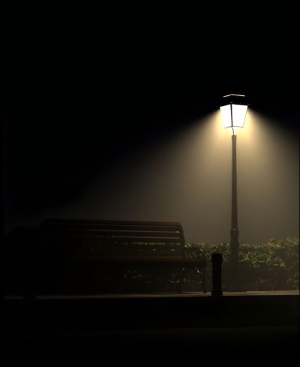 a bench sitting under a street light in the dark at night with fog on it