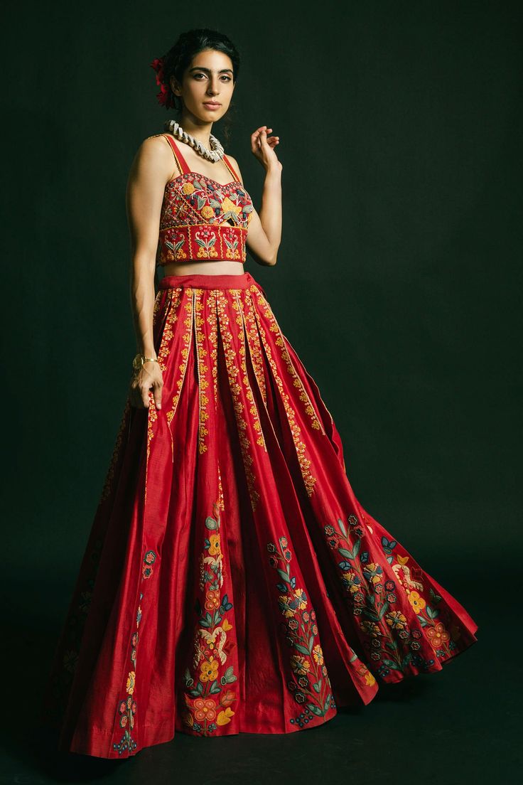 Red chanderi lehenga with multi-color floral motif bead-cord work and box pleats.
Component: 1
Embroidered
Fabric: Chanderi
Color: Red
Pleated lehenga
Kamar tassels
Note: Blouse lehenga set worn by the model are not for sale - Aza Fashions Lahenga Ideas, Pleated Lehenga, Desi Fits, Lehenga Red, Crop Tops Online, Gaun Fashion, Lehenga Online, Lehenga Skirt, Embroidered Lehenga