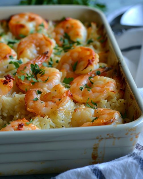 a casserole dish with shrimp, rice and parsley