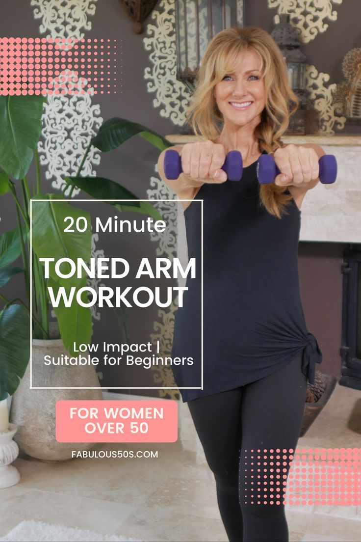 a woman in black shirt and leggings holding two purple dumbbells with the words 20 minute toned arm workout low impact suitable for beginners