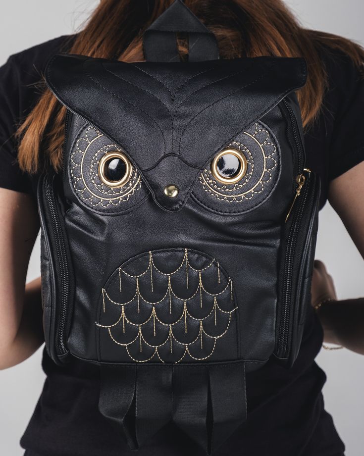 "Get ready to elevate your style with this stunning Owl mini backpack. Made from high-quality black leather, this backpack measures 12 X 9 inches by 4 inches, making it the perfect size for all your essentials. Add a touch of elegance to your wardrobe with this must-have fashion accessory!" Black Faux Leather Backpack For On-the-go, School Backpack With Adjustable Strap And Faux Leather, School Backpack With Adjustable Straps In Faux Leather, Black Faux Leather Trendy Backpack, Trendy Black Faux Leather Backpack, Black Faux Leather Backpack For School, Trendy Backpack With Leather Backing, Black Faux Leather Satchel Backpack, Black Faux Leather School Backpack