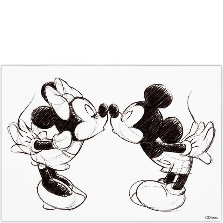 two mickey mouses kissing each other in black and white