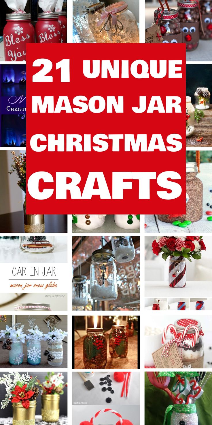 21 unique mason jar Christmas crafts collage showing various decorations and festive jar ideas. Mason Jar Centerpieces Christmas Diy, Dollar Tree Mason Jar Crafts, Canning Jar Crafts, Mason Jar Decorating Ideas, Crafts Using Mason Jars, Crafts With Mason Jars, Glass Jar Crafts, Jar Christmas Decorations, Mason Jar Ornaments