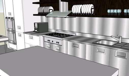 a drawing of a modern kitchen with stainless steel appliances and counter tops, along with wine glasses on the shelves