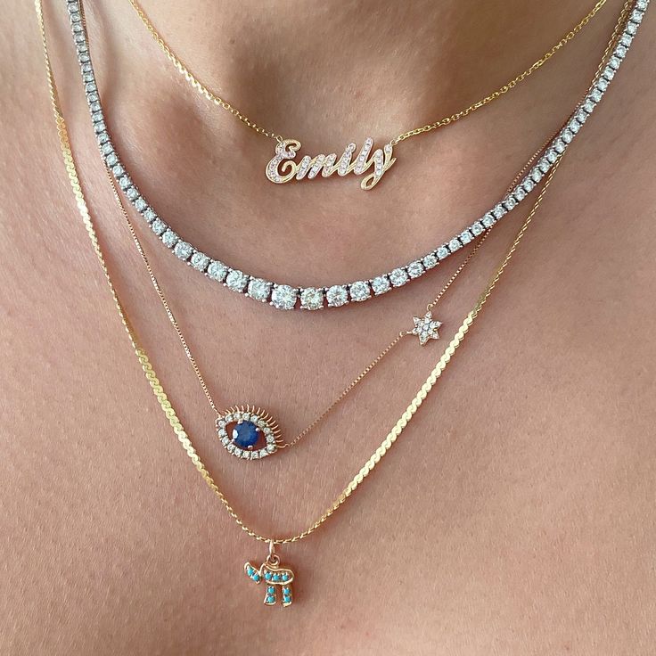 This unique personalized script font nameplate cut-out necklace is composed of 14K solid gold and beautifully pavé set with genuine AAA quality natural real light pink sapphires. This pendant is complemented by a durable 14K solid gold adjustable chain or can be purchased as a charm alone without the chain under the "Length" drop-down menu. NOTE: The item will be made in the exact casing of the characters entered. Please be mindful of this detail when providing the customization desired. Name Di Yellow Gold Plated Diamond Jewelry, Luxury White Gold Pendant Name Necklace, Silver 14k Gold Tennis Necklace As A Gift, Rose Gold Round Tennis Necklace As A Gift, Fine Jewelry Name Necklace With Diamond Accents, Gold Tennis Necklace With Diamond Accents As A Gift, Gold Round Tennis Necklace For Gift, Fine Jewelry Cubic Zirconia Initial Pendant Necklace, Engraved Cubic Zirconia Pendant Necklace