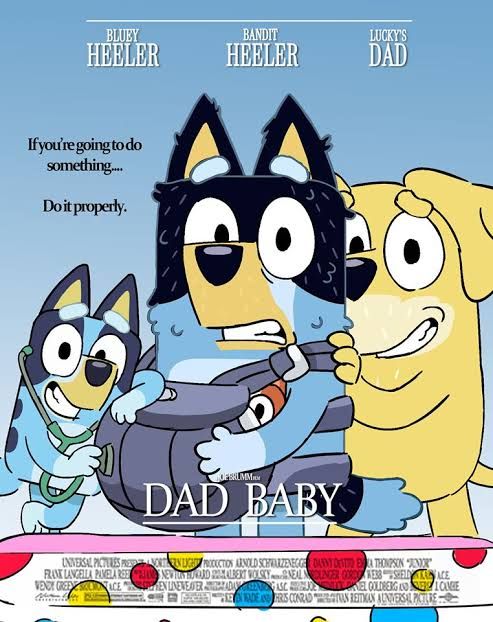 the movie poster for dad baby with two dogs and a cat on it's back