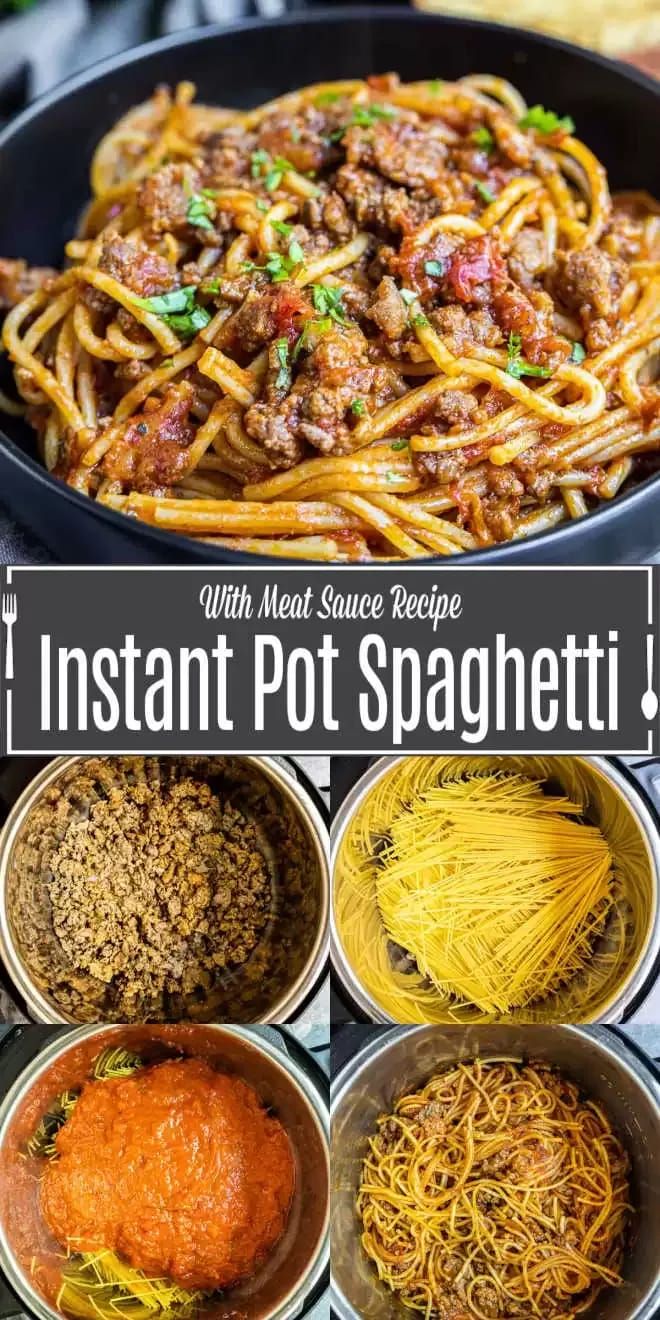 instant pot spaghetti with meat sauce recipe in it and the title overlay reads instant pot spaghetti