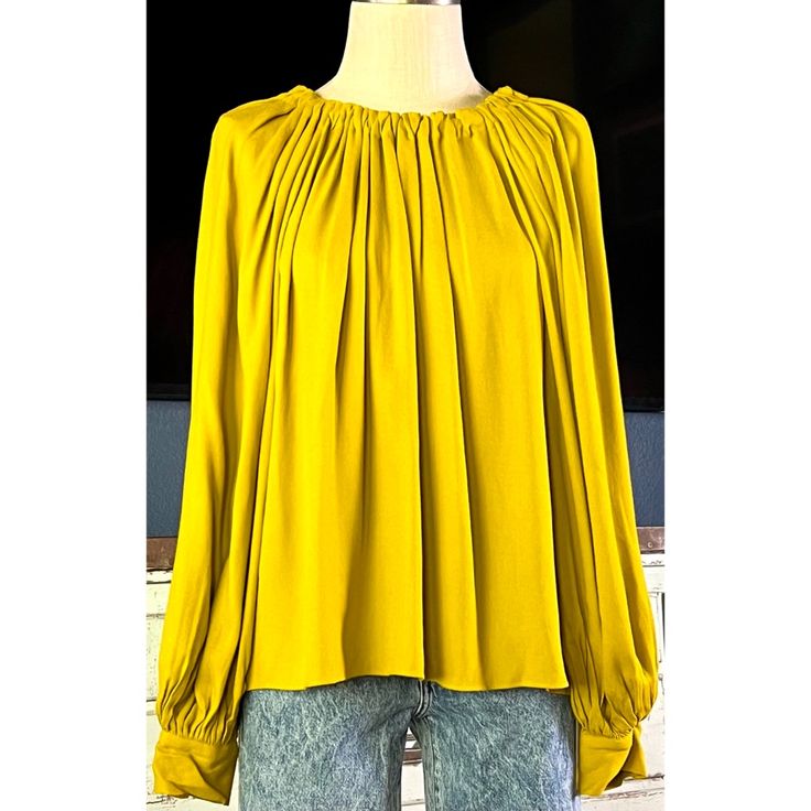 New With Tags Size 6 This Gorgeous Swing Blouse By Ulla Johnson Is A Beautiful Chartreuse Color. The Longsleeve Top Has A Tie On The Back Of The Neck. The Pleated Fabric Is 100% Viscose. Measurements Laying Flat: Length 24” Bust 24 1/4” Elegant Yellow Tops For Fall, Mustard Long Sleeve Blouse For Fall, Chic Mustard Blouse For Fall, Flowy Yellow Blouse For Fall, Yellow Flowy Blouse For Spring, Mustard Long Sleeve Top For Work, Yellow Long Sleeve Blouse For Fall, Chic Yellow Fall Top, Chic Yellow Tops For Fall