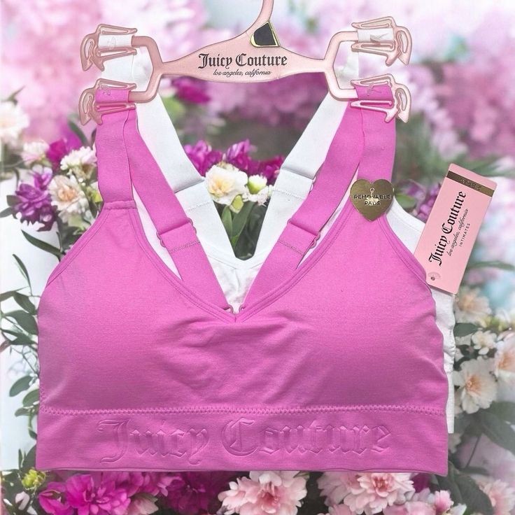 Juicy Couture  Pink & White Bralette Sports Bras  2 Bra set Size Medium  NWT Colors: Bubble Gum Pink & White Comfort bras Wide adjustable straps Removable pads Nylon Spandex Sports Bra Set, Pink Snow, Bubble Gum Pink, Printed Sports Bra, White Bralette, Sport Bra Top, Black Bralette, Pink Sports Bra, Pink Bra