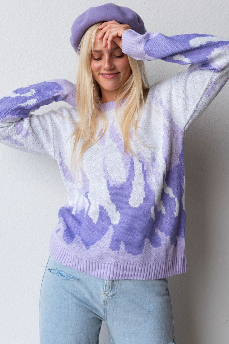 CALIstyle Heat Wave Sweater In Lavender Trendy Lavender Winter Tops, Trendy Lavender Tops For Winter, Purple Relaxed Fit Sweater For Streetwear, Trendy Purple Sweater For Streetwear, Lavender Crew Neck Sweater For Fall, Casual Lavender Sweater For Fall, Purple Relaxed Fit Sweater For Fall, Purple Sweater With Ribbed Cuffs For Spring, Purple Sweater With Ribbed Cuffs