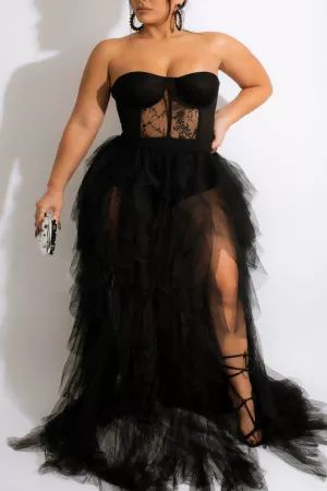 Black Sexy Plus Size Solid Patchwork See-through Backless Strapless Evening Dress Fancy Boutique, Strapless Evening Dress, Tulle Maxi Skirt, Mesh Corset, Evening Gown Dresses, Bodycon Maxi Dresses, Split Dress, Maxi Robes, Elegant Party