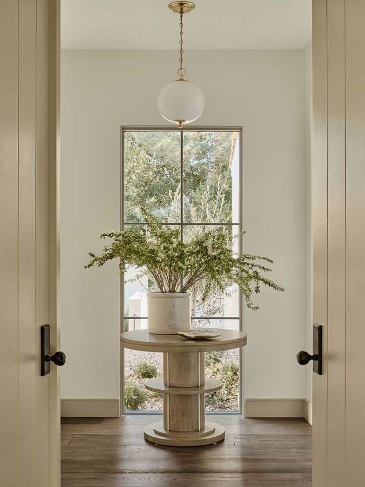 an entry way with a potted plant on the table