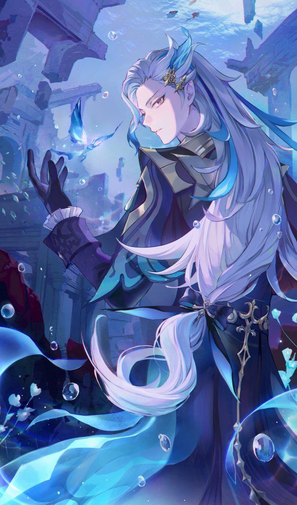 an anime character with white hair and blue eyes, standing in front of some bubbles