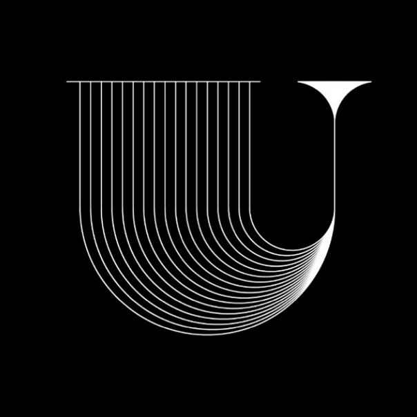 a black and white logo with lines in the shape of a letter u on a dark background