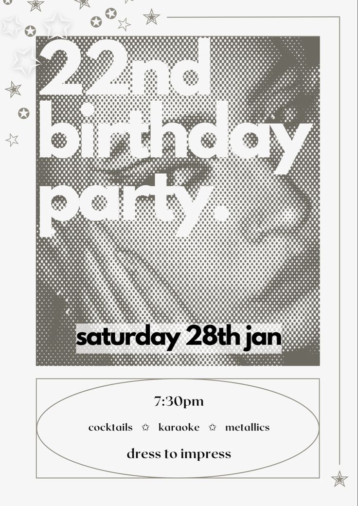 a birthday party flyer with an image of a man's face and stars on it