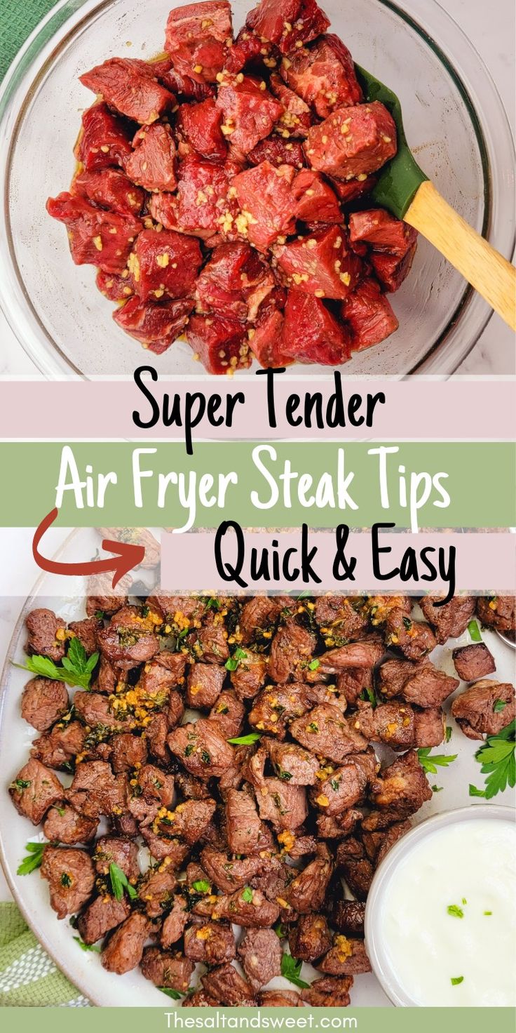 Air Fryer steak tips Air Fryer Steak Tips, Top Round Steak Recipes, Tri Tip Steak Recipes, Chuck Steak Recipes, Air Fryer Recipes Beef, Sirloin Steak Recipes, Beef Tip Recipes, Round Steak Recipes, Steak Bites Recipe