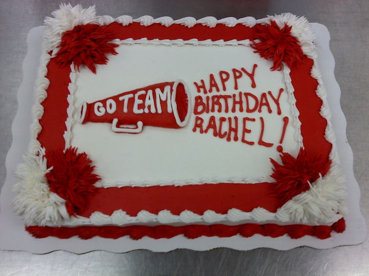 a birthday cake with the words go team happy rachell on it and a megaphone