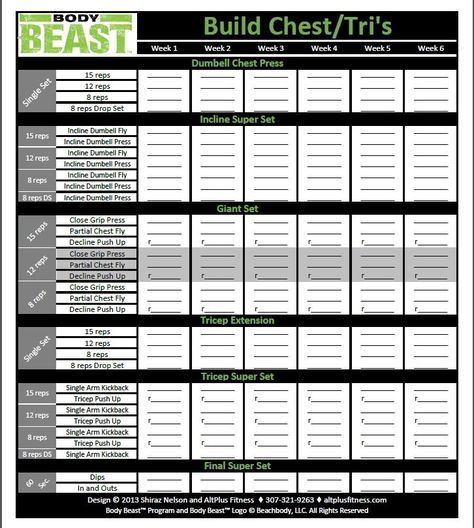 the body beast build chest / tris workout plan is shown in black and white