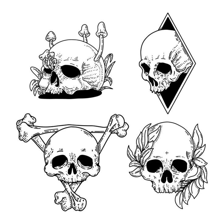 three skulls with bones and arrows in their hands, one is black and white the other has