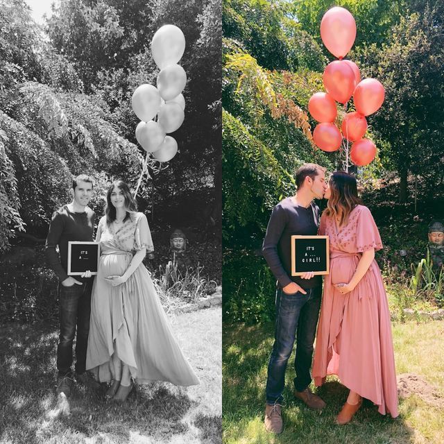 an old black and white photo with balloons being held by two people in front of them