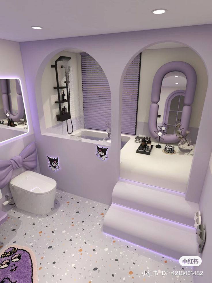 the bathroom is decorated in lavender and has two sinks, a toilet, and a bathtub