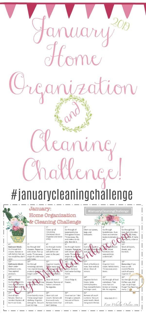 the january home organization and cleaning challenge is featured in this printable calendar for organizing