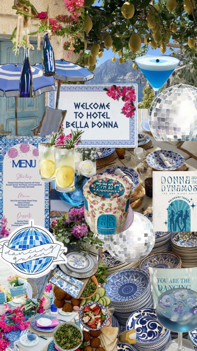 a collage of blue and white plates, vases, and other decorative items