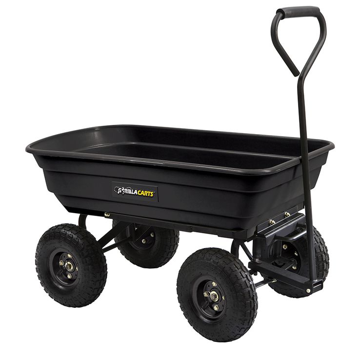 a black wheelbarrow with four wheels