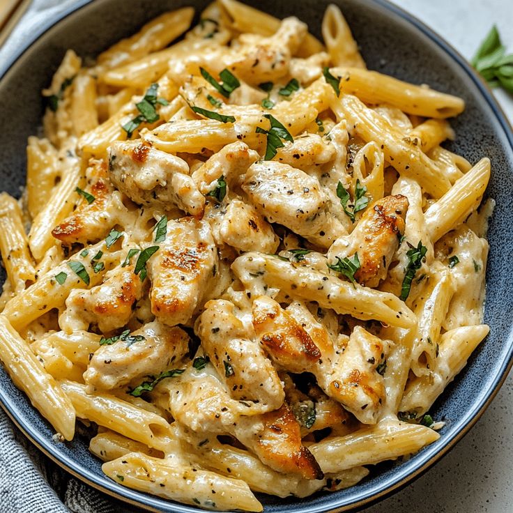 a bowl full of pasta with chicken and parsley on the side, ready to be eaten