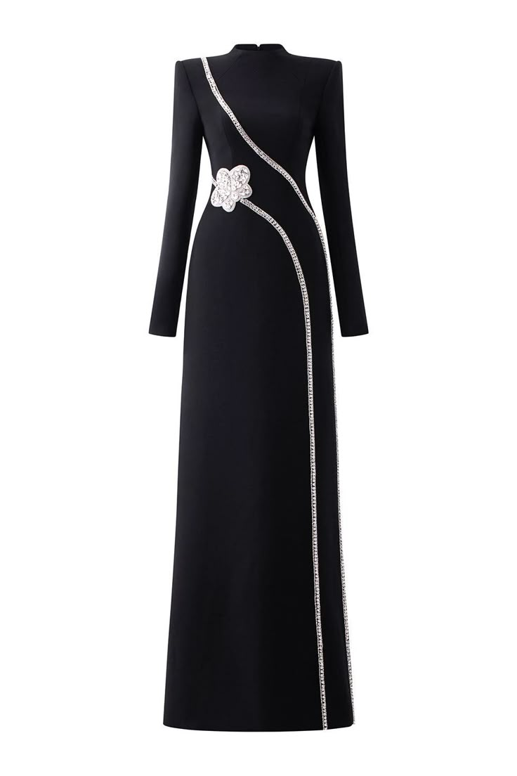 Convoy A-line Stone Velvet Floor Length Dress - MEAN BLVD Velvet Floor Length Dress, Padded Shoulder Dress, Abaya Luxury, Dona Karan, Abaya Inspiration, Elie Saab Fall, Modest Dresses Fashion, Floor Length Dress, Dresses Xxl