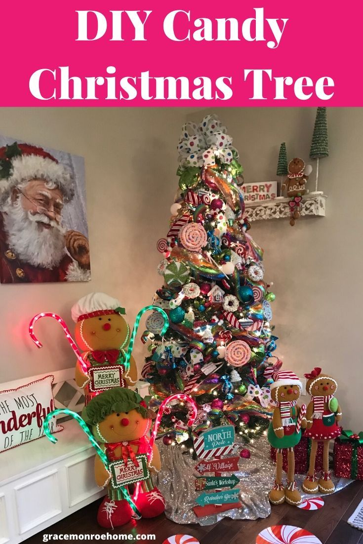 a christmas tree made out of candy canes and other holiday decorations with text overlay that reads diy candy christmas tree